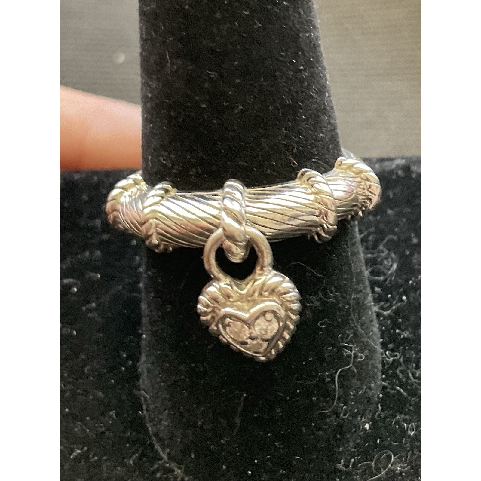 Signed Judith Ripka 925 Sterling Silver Heart Dangle Charm Ring Size 9 Vintage 89$